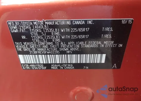 2015 Toyota Rav4 Le из США, поврежденный, VIN 2T3BFREV9FW402295